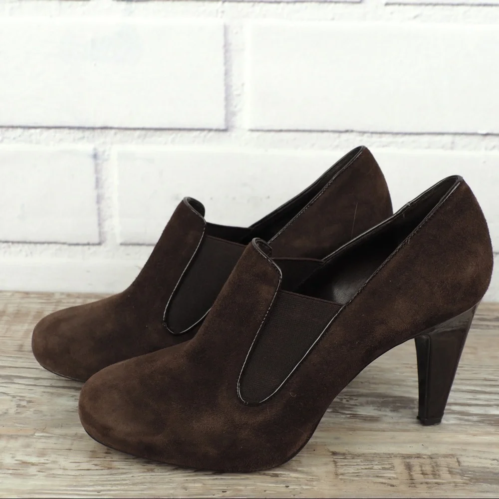 Franco Sarto brown suede & patent heeled loafers